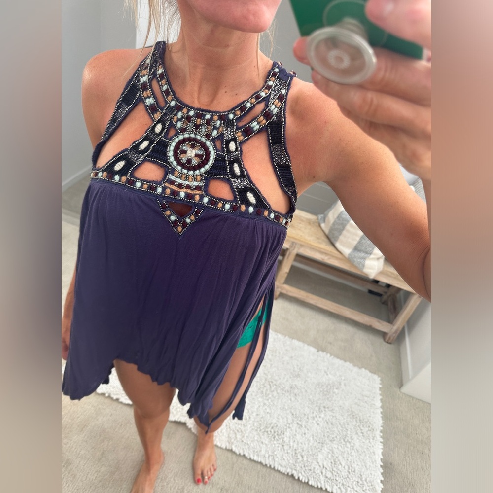 Free People Purple Beaded Boho Festival Tunic Bikini Cover-Up Top Size S - Picture 5 of 14